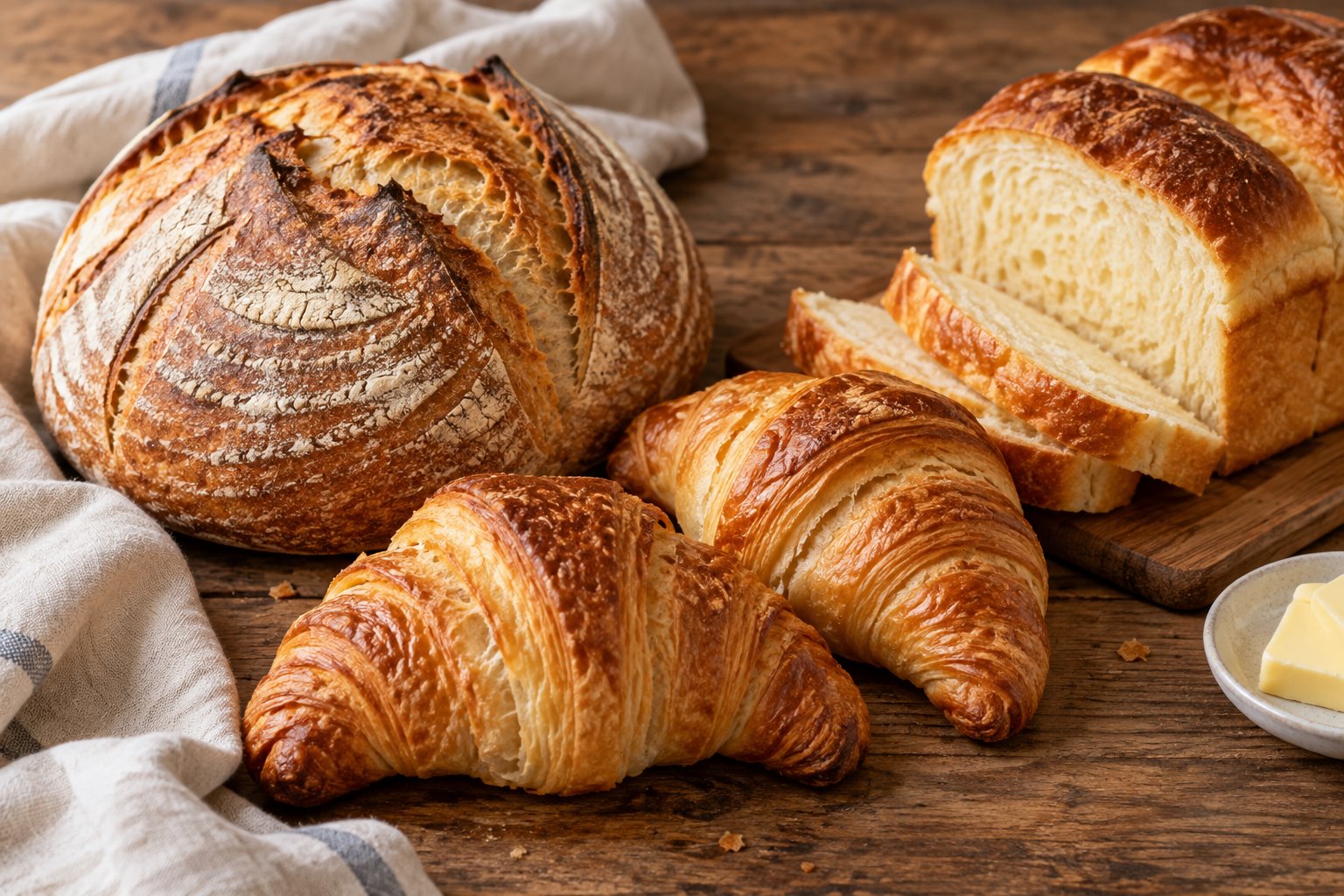 Illustrative bread and pastries on a sunlit bakery table